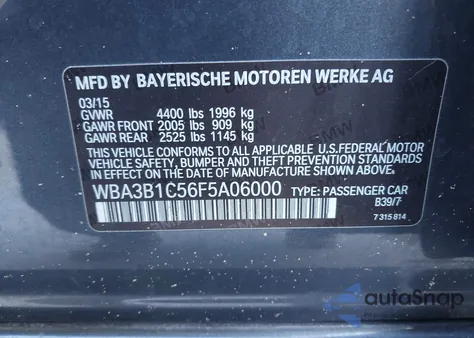 2015 BMW 320I from USA, damaged, VIN WBA3B1C56F5A06000